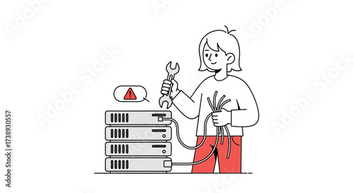 Vector illustration of illustration of a server maintenance, showing a technician with a wrench and cables, addressing a server error