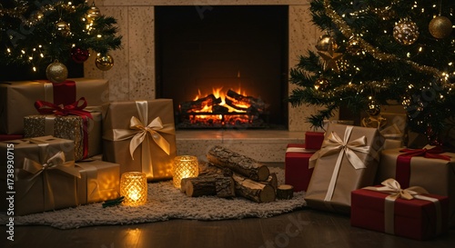 Cozy Christmas Fireplace Scene With Gifts And Decorated Tree For Warm Holiday Cheer
