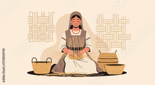 Handcrafting Baskets: A Tranquil Woman Weaving Intricate Designs with Woven Materials