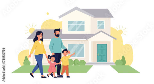 Happy Family Walking Towards Their New Home in a Bright Daytime Scene