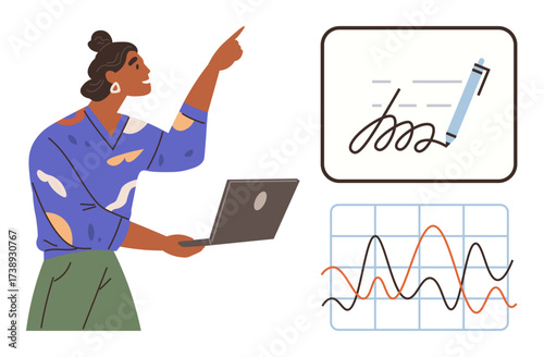 Person pointing while holding laptop, next to electronic signature form and colored line graph. Ideal for business, data analysis, presentation, remote work, technology, e-signatures, productivity