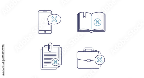 Vector illustration of set of four line art icons representing communication and work tasks with a cross symbol