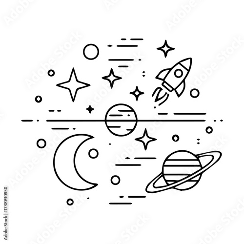 A spacethemed drawing shows stars planets a moon a rocket and some lines and dots