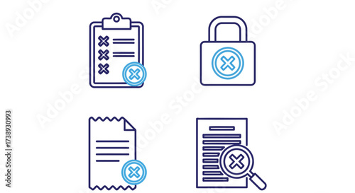 Vector illustration of set of vector icons representing various error states, including incorrect form, locked access, failed payment, and document review failure