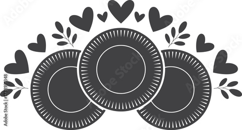 Decorative arrangement of three circular elements with hearts and leaves