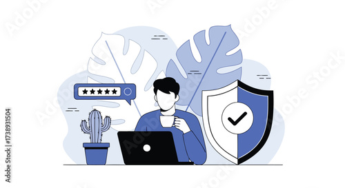 Vector illustration of a man is working on a laptop with a password and a shield, ensuring data protection and online security with encryption