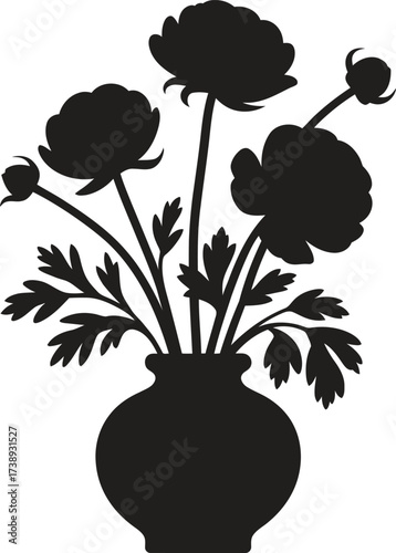 Silhouette of a vase filled with blooming flowers and leaves