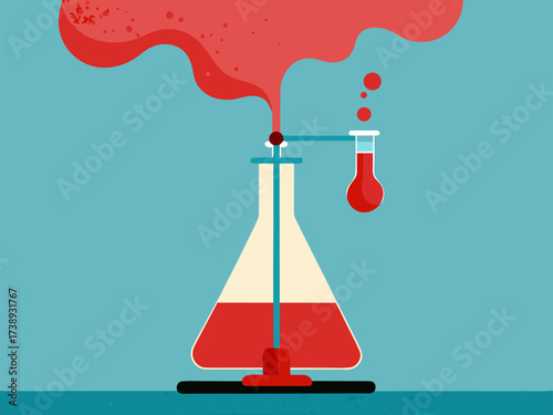 Vibrant Flat Design Illustration of Chemical Reaction with Red Fume in Laboratory Flask
