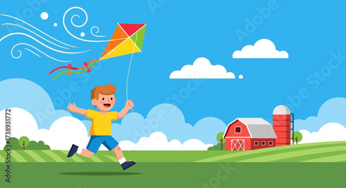 Joyful Young Boy Running With Colorful Kite During a Summer Day in the Countryside