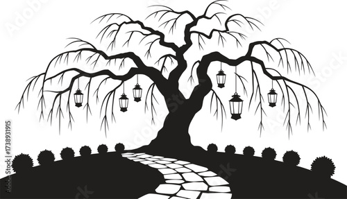 Whimsical willow tree with lanterns and audience silhouettes