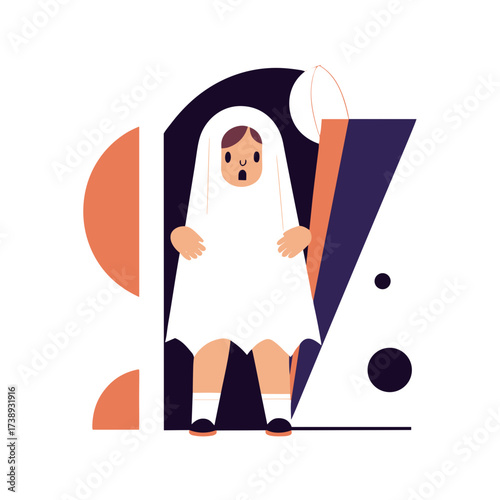 A cartoon child in a ghost costume stands against an abstract background of a coffin at the Helloween festival., minimalist flat vector