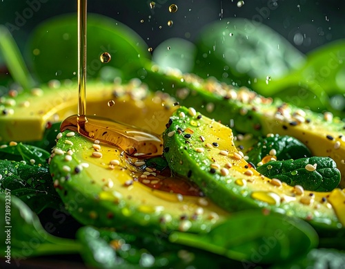 Macro shot of spinach and avocado salad catching drops of sesame dressing mid-air