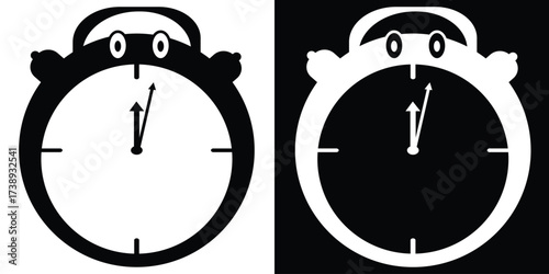 A black and white image of two alarm clocks, one with a white background and one with a black background.