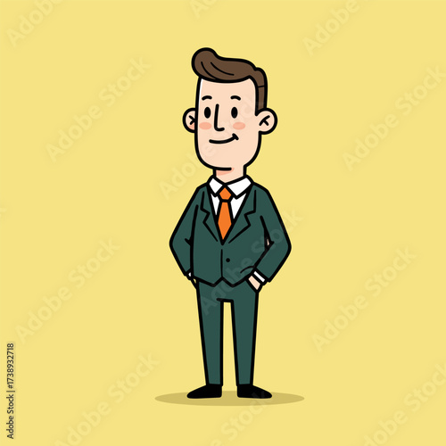 Cartoon man in dark green suit with orange tie, smiling with hands in pockets on light yellow background.