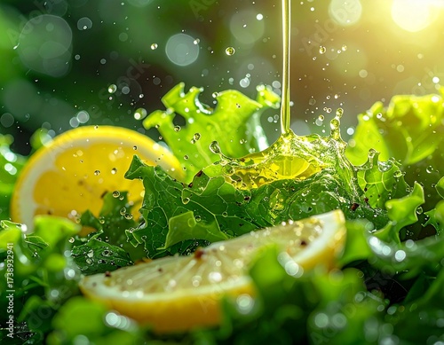 Macro of garden salad hit by falling drops of lemon dressing above highly textured greens