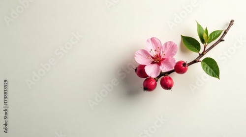 Delicate Pink Blossom and Red Berries on a Branch, a Springtime Still Life Image