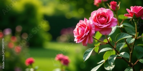 A pair of delicate pink roses in full bloom, showcased against a softly blurred backdrop of verdant foliage, creating a tranquil and serene natural scene.