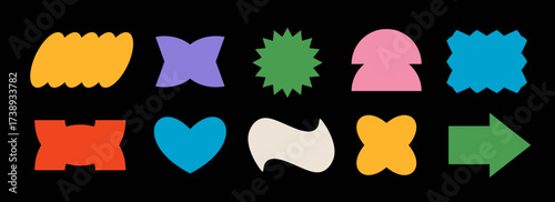 Bright colorful abstract sticker shape collection. Retro pop art border element set. Groovy geometric frame pack for patch, badge, tag, label, banner, poster, sticker. Vector various ticket bundle