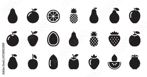 Collection of black silhouette fruit icons set on a white background
