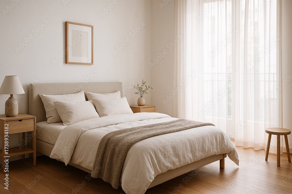 Fototapeta premium This minimalist bedroom is decorated in warm, natural tones. Soft sunlight from the windows creates a calm and relaxing atmosphere.