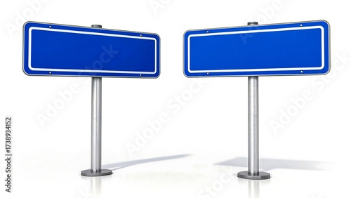 Two blank blue road signs on metallic poles isolated on white background
