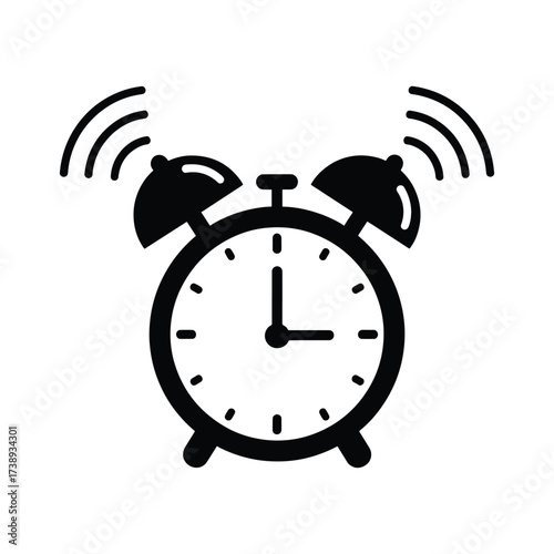 Classic twin bell alarm clock ringing loudly with sound waves