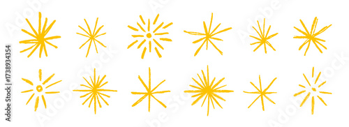 Yellow crayon hand drawn stars and sparkles set. Golden rough brush stroke shine element pack for collage, poster, sticker, label. Gold doodle sparks collection. Sketched pencil asterisks. Vector