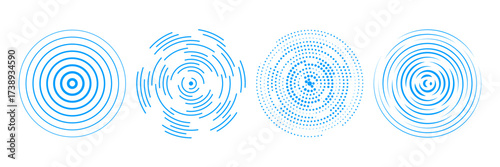 Blue radial concentric circle set. Halftone, dashed and dotted rings for epicenter, target, radar, earthquake, tsunami symbol. Sound wave signal collection. Vector ripple expansive vibration elements