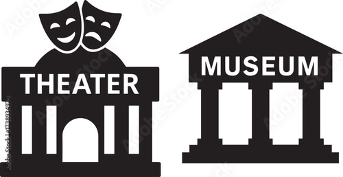 Iconographic representation of a museum and theater building isolated on white background