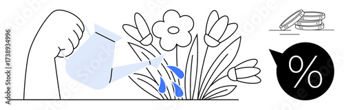 Watering blooming flowers with a watering can, coins, and percentage sign. Ideal for growth, investment, financial care, sustainability, savings nurturing eco-consciousness. Clean and simple flat