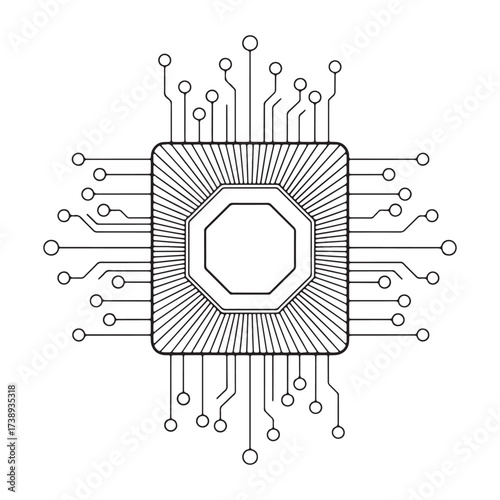 Stylized line drawing of a microchip with radiating connections