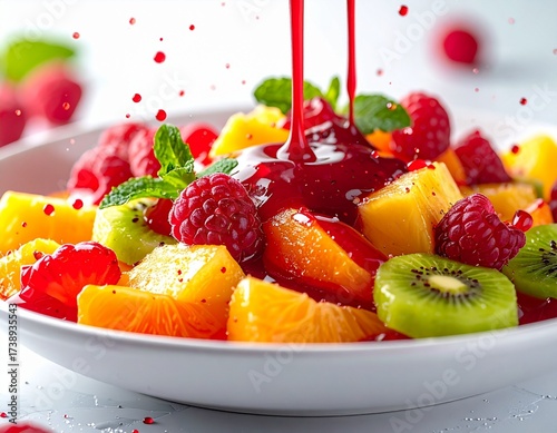 Close-up of a vibrant fruit salad with a dramatic splash of raspberry sauce falling like rain