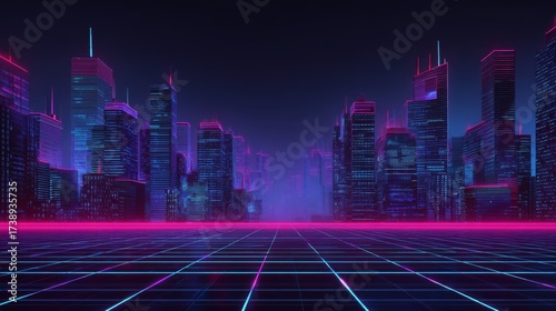 Futuristic cyberpunk cityscape with glowing neon lights, digital grid floor and abstract skyscrapers in retro wave style, creating immersive technology, gaming, and sci-fi urban background