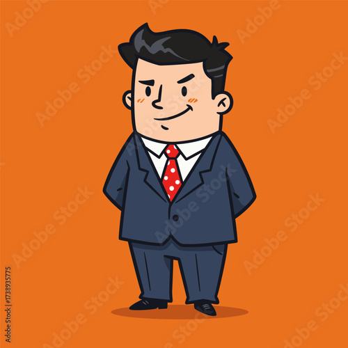 Cartoon man in dark blue suit with red polka dot tie, smirking confidently on orange background.