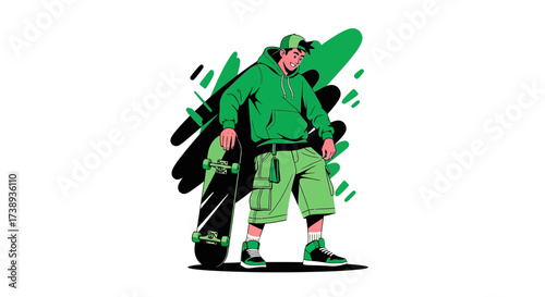 Stylish Skater Leaning On His Board: A Contemporary Vector Graphic in Vibrant Green