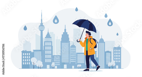 Urban Stroll: A Person Strolls Through Cityscape Under the Rain Holding an Umbrella