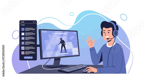 Virtual Assistant Conducting Online Session With Chat Interface And Welcoming Gesture