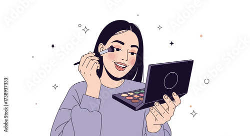 Woman Applying Makeup Beautifully Adding Shadows With Palette And Brush Smiling