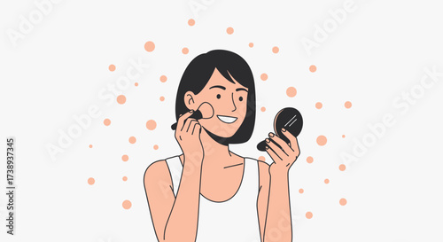 Woman Applying Makeup, Smiling, Holding Mirror, and Using Brush on Face in a Flat Style