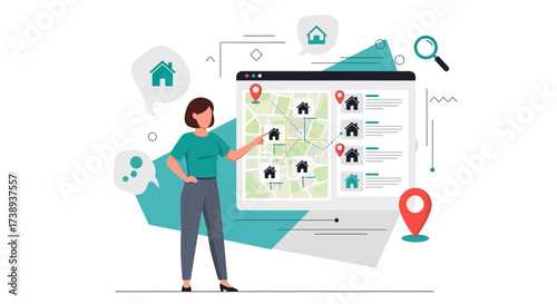 Woman Demonstrating Property Locations and Real Estate Search on a Digital Interface