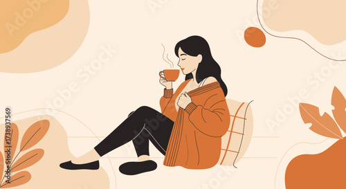 Woman Enjoying Hot Beverage In Cozy Setting With Abstract Background