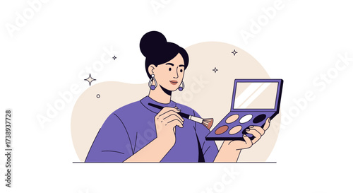Woman Holding Makeup Palette and Brush, Preparing For A Beauty Look Illustration