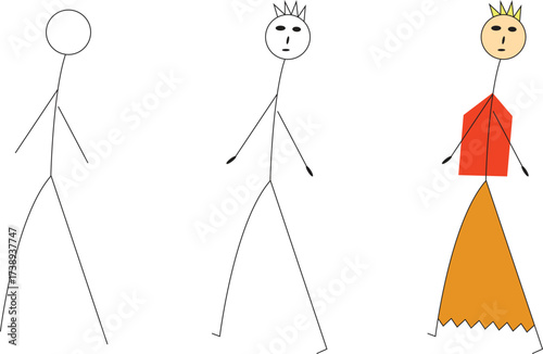 Evolution of Stick Figure Character Design from Simple Outline to Regal King or Queen with Crown and Robe Concept Vector Illustration on Transparent Background.