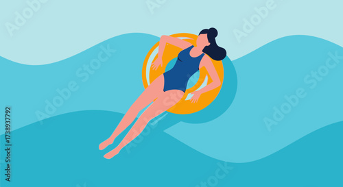 Woman In Swimming Pool Relaxing On Floatie Enjoying Summer Time Freedom And Fun