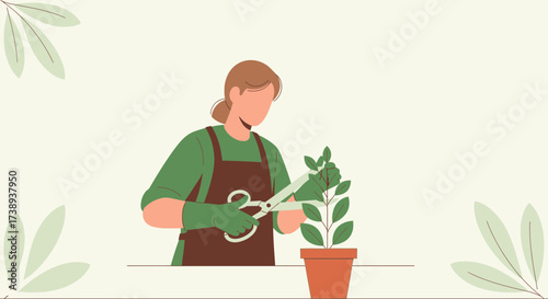 Woman Pruning Plant: Illustration of Greenery Gardening and Domestic Foliage Care
