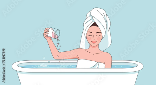 Woman Relaxing In A Bathtub Adding Bath Salts For Soothing And Serene Moments