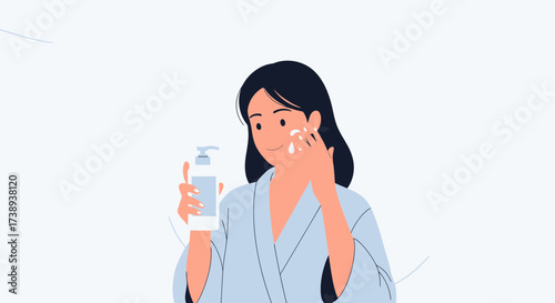 Woman Using Facial Treatment, Applying Skincare Routine, Moisturizing And Beauty
