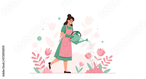 Woman Watering Flowers In A Gorgeous Garden On A Bright Sunny Day With Joy And Happiness