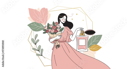 Woman With Bouquet Smelling Perfume, Floral Design, Rose, Spring, Elegant, Beauty