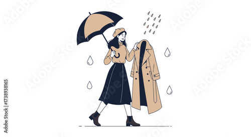 Woman Walking In Rain With Umbrella And Coat During Autumn Season Illustration